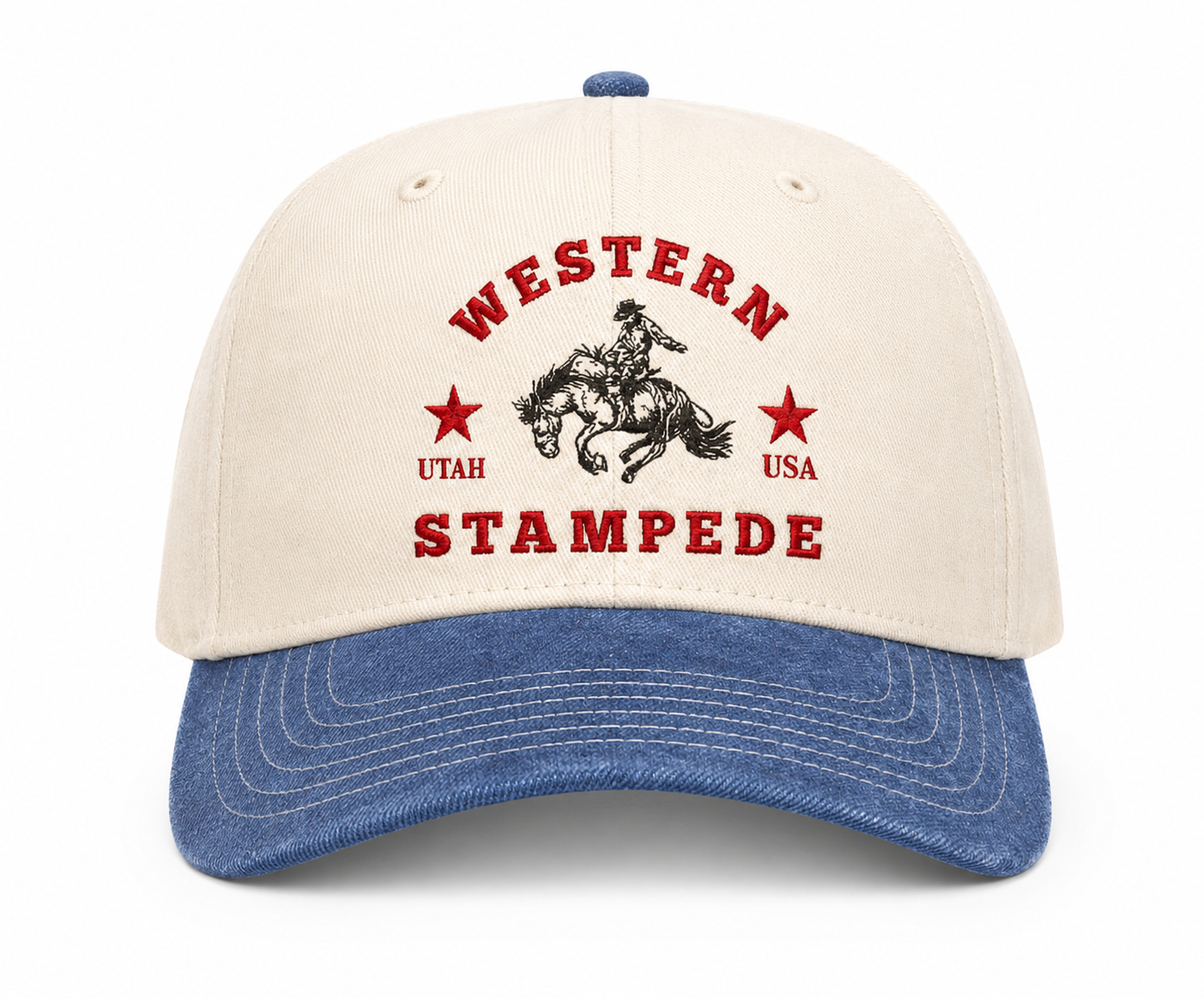 Ivory and denim Western Stampede Classic cap with red bucking bronc embroidery