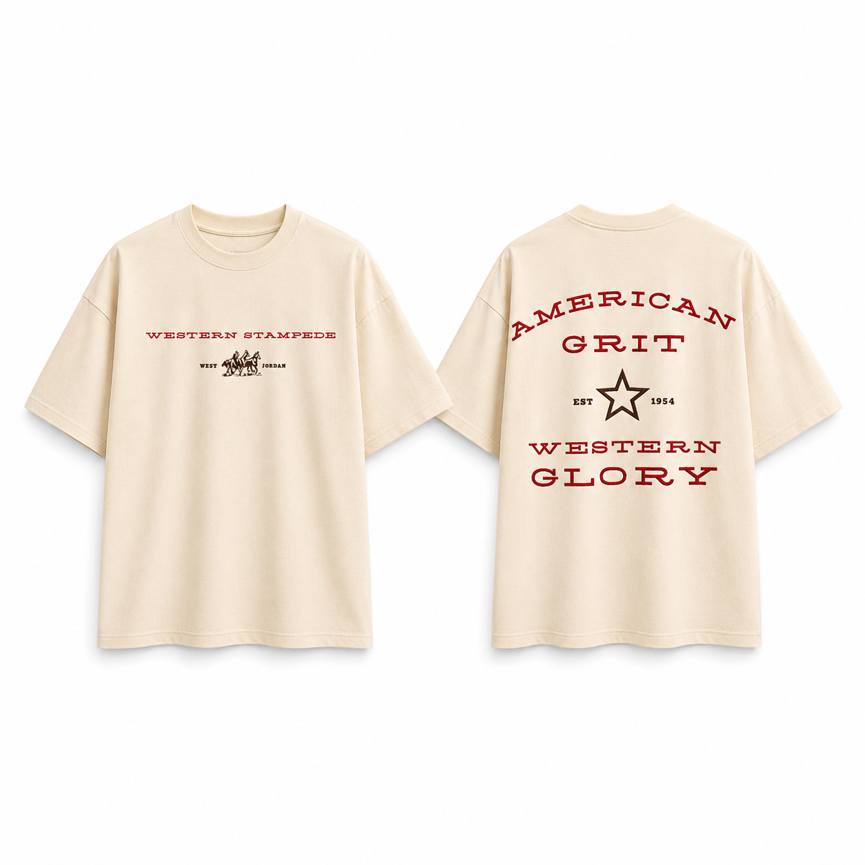Cream Western Stampede tee front and back — American Grit, Western Glory print
